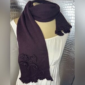 David Meister Purple Fringed Knitted Scarf with Embellished Floral Detail